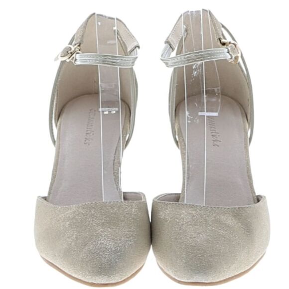 Steffie's Shoes I Size 10 I Suede Metallic Wedge Heel Strap Landmark I Tan Beige - Picture 11 of 16